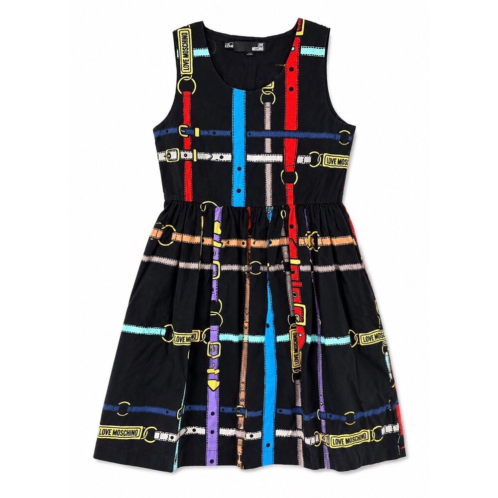 Love Moschino Dress Black Belt Buckle Print Cotton Fit & Flare Mini US 4 EU 40